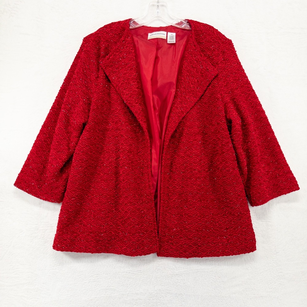 Alfred Dunner Womens Jacket 16W Red Metallic Textured Open Front Holiday Blazer